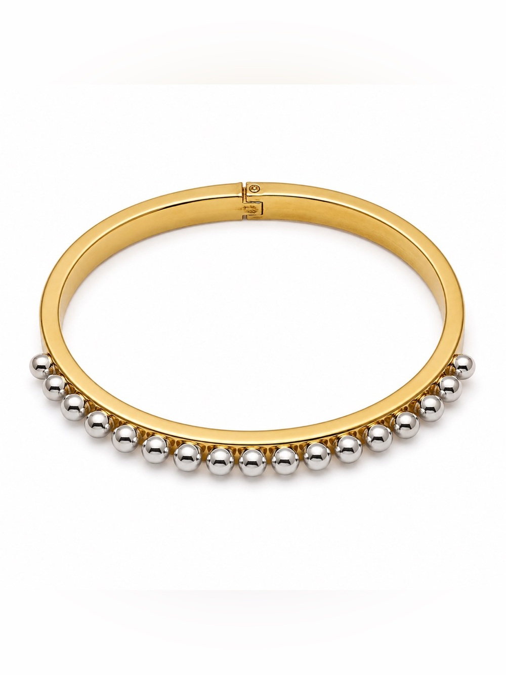 Two Toned Gold Hinged Bangle Bracelet with Silver Bead Accents